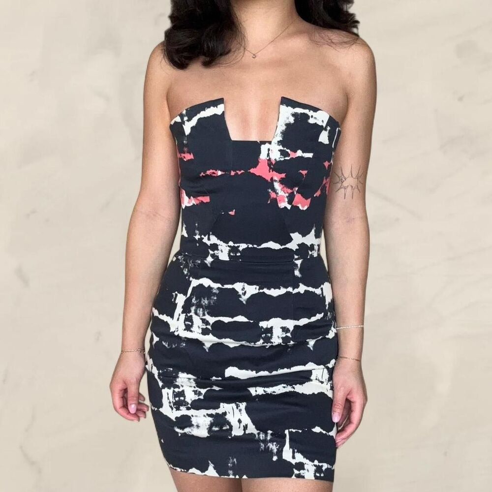 Black Halo Lena Strapless Sheath Printed bodycon mini Dress size 0
